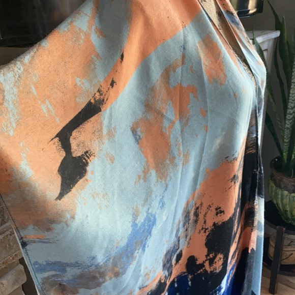 Riah Fashion blue distressed paint splatter open front layering kimono shawl - Picture 8 of 15